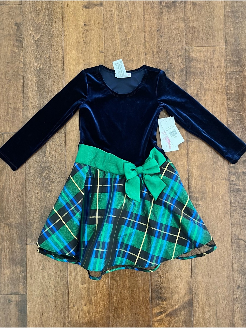 NWT girls navy blue velvet green plaid bow party holiday dress size 5